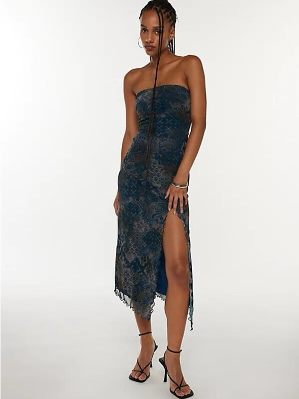 Urban Outfitters Navy Lace-Print Strapless Midi Dress with Side Slit